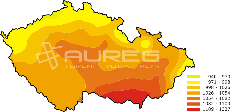 Orientační mapa průměrného měrného ročního úhrnu globálního slunečního záření na území ČR