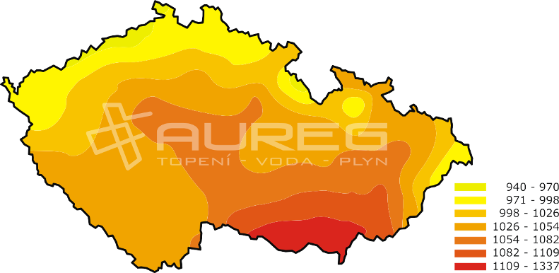 Orientační mapa průměrného měrného ročního úhrnu globálního slunečního záření na území ČR